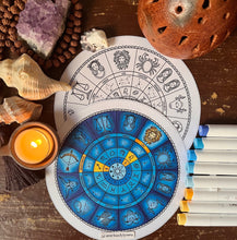 Load image into Gallery viewer, Astrology Wheel Colouring Digital Pdf - 1 Astrology wheel illustration + 2 extra illustrations - Instant download
